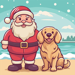 Santa Claus on a Tropical Beach with Dog