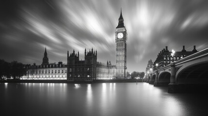 Fototapeta premium A long exposure shot of Big Ben and the Houses of Parliament in London at night, with a dramatic sky and reflection in the Thames River.