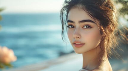 Naklejka premium Close-up portrait of a beautiful young woman standing on a villa terrace