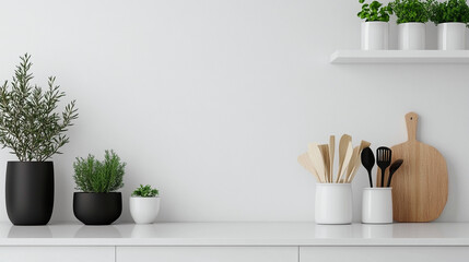 Decoración minimalista de cocina con plantas en macetas y utensilios de madera sobre una encimera blanca. © BONI