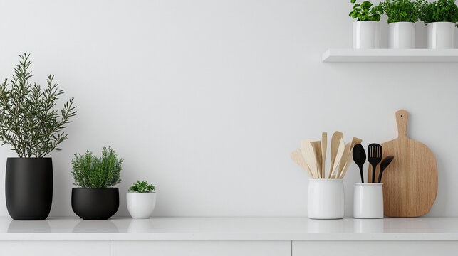Decoraci&oacute;n minimalista de cocina con plantas en macetas y utensilios de madera sobre una encimera blanca.