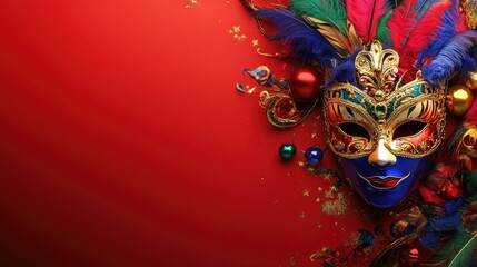 Vibrant mardi gras mask and accessories on a red backdrop Ideal for party invitations greeting cards and carnival celebration themes Flat lay composition with ample copy space