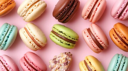 Fototapeta premium Vibrant macaron mockup on a soft pink pastel background captured from above Flat lay arrangement