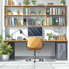 Office interior. Workplace with computer, bookshelf, bookshelf, chair and plants. Vector illustration 