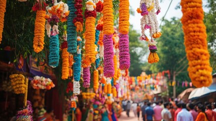 Fototapeta premium Vibrant decorations adorn a traditional wedding procession in India