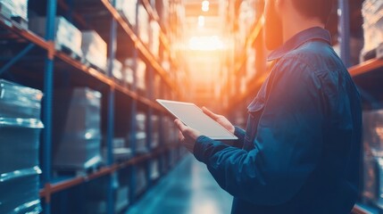 Hands Holding Tablet Displaying Real Time Inventory Data Management in Modern Warehouse Environment