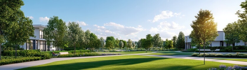 Obraz premium Charming neighborhood park nestled within a vibrant residential community, perfect for families and outdoor activities.