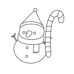 A snowman with a hat and scarf is holding a cane