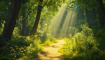 Obraz premium A peaceful forest path bathed in sunlight symbolizing the journey of unity and cooperation