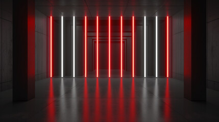 Fototapeta premium Dark Grey Corridor with Red and White Neon Lines