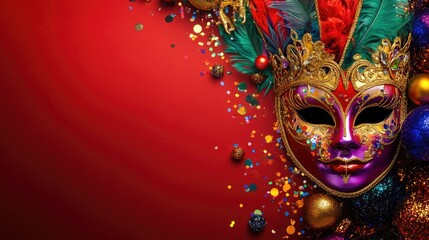Vibrant mardi gras mask and accessories on a red backdrop Ideal for party invitations greeting cards and carnival celebration themes Flat lay composition with ample copy space