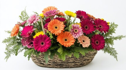 Obraz premium Vibrant assortment of gerbera flowers arranged in a basket set against a white background