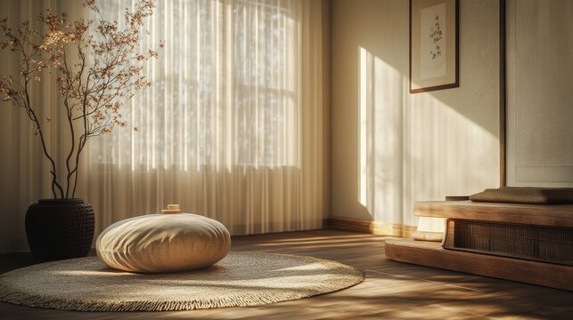 Tranquil corner of a room featuring calming decor that encourages meditation Interior design with zen elements and warm hues for a peaceful ambiance