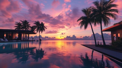 Tranquil infinity pool mirrors the vibrant sky above a seaside villa encircled by palm trees during sunset