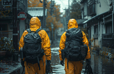 Fototapeta premium Dressed in protective gear, two individuals make their way through a rain-soaked alley, highlighting themes of resilience, duty, and preparedness in adverse conditions.