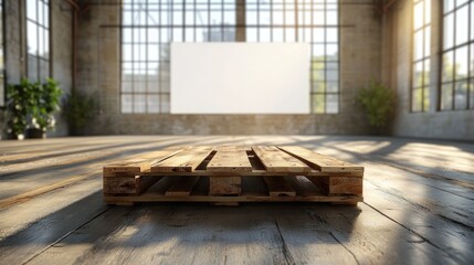 Empty pallet in front of a blank canvas in a warehouse space.