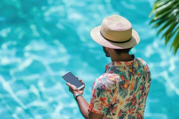 Fototapeta premium A person wearing a hat is examining their smartphone