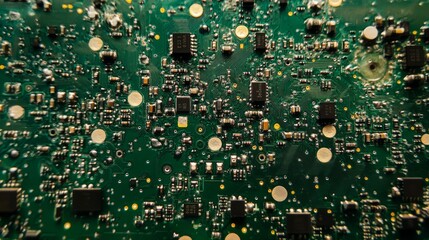 Close-up of a circuit board with integrated circuits, resistors and capacitors.