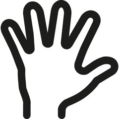 A simple black hand silhouette on a white background depicting an open palm raised, possibly symbolizing greeting or communication