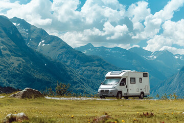 Holiday trip on large family motorhome for holiday in beautiful nature