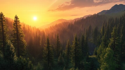 Obraz premium The sun sets over a forested mountain scene