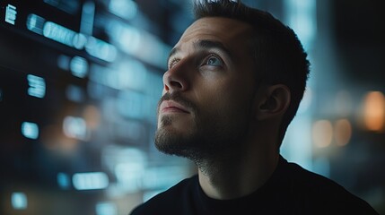 Elegant white man in black top looking up at a digital wall with lights and screen projections 