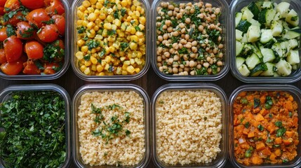 Variety of Vegan Meal Prep Featuring Fresh Produce Grains and Legumes