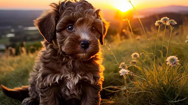 Adorable lagotto romagnolo puppy enjoying golden hour sunset in meadow