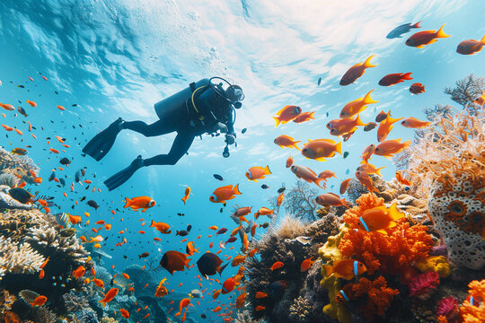 Beautiful diver goes on an underwater adventure in frighteningly deep sea