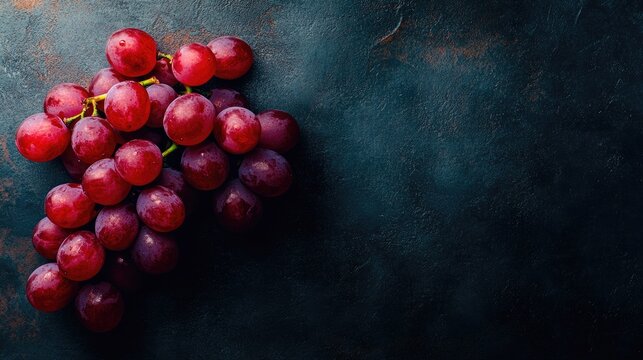 Top view of a cluster of red grapes on a dark surface