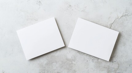 Two blank A5 sized white horizontal card mockups with soft shadows against a light grey concrete background Flat lay perspective