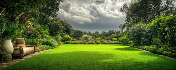 Naklejka premium Private garden photography in high dynamic range, featuring green lawn and ivory accents on a cloudy day.