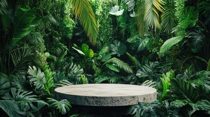 Stone Podium Set Against a Verdant Tropical Jungle for Showcasing Products