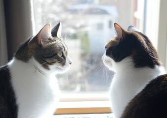 Two cats stand opposite each other in an aggressive and evil mood