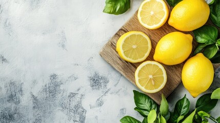 Top view of lemons on a rustic white table Sliced lemon accompanied by green leaves on a wooden board
