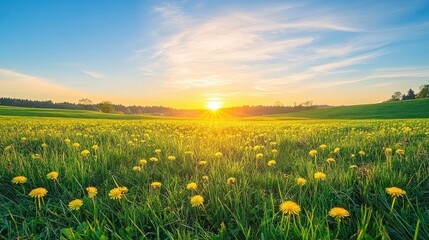 Vibrant summer scene featuring yellow dandelion flowers in lush grass during a serene morning Ultra wide panoramic view in banner format