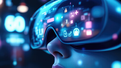 Futuristic virtual reality glasses displaying digital icons and data