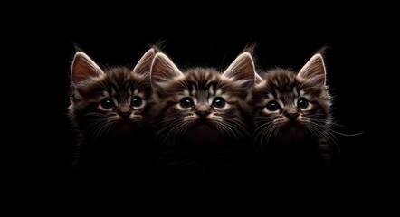 Obraz premium The black tabby with white Maine Coons kittens are laying and looking into the camera on a black background.