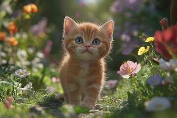 An adorable blue-eyed kitten plays with flowers