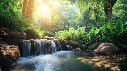Stream flowing through lush tropical vegetation in a serene forest setting