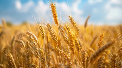 Fototapeta premium Golden Wheat Field Under a Bright Sky Bounty of Nature's Harvest Awaits Its Destiny