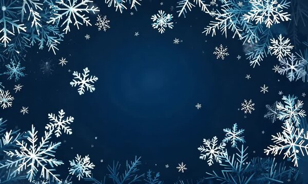 Dark blue background with falling snowflakes and stars, perfect for a Christmas banner, poster, or greeting card template. Flat vector illustration for a winter holiday design.