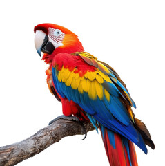 Fototapeta premium Scarlet macaw perched on branch, colorful tropical bird with vivid feathers, wildlife exotic parrot, red blue yellow nature beauty isolated on transparent background