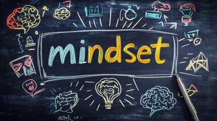 The term mindset displayed on a chalkboard symbolizes coaching concepts transforming beliefs initiating entrepreneurship and embracing positive thinking