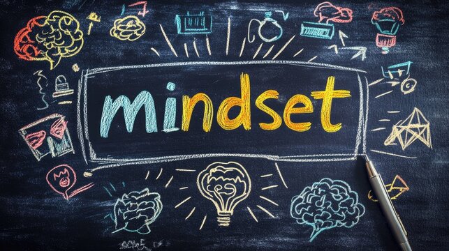 The term mindset displayed on a chalkboard symbolizes coaching concepts transforming beliefs initiating entrepreneurship and embracing positive thinking