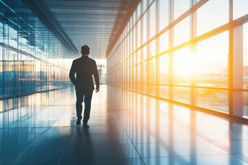 Fototapeta premium A man in a business suit walks down a long hallway, possibly on his way to an important meeting
