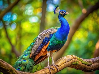 Exotic peacock, vibrant feathers, deep focus on a branch.