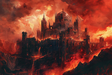 Fototapeta premium Scary sinister devil is in hell with dramatic fire lighting on the background