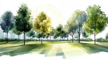 A serene watercolor painting of trees in a lush park, with light filtering through the leaves, creating a tranquil and airy atmosphere.