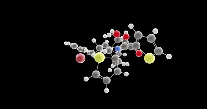 Aclidinium bromide molecule, rotating 3D model of muscarinic antagonist, looped video on a black background